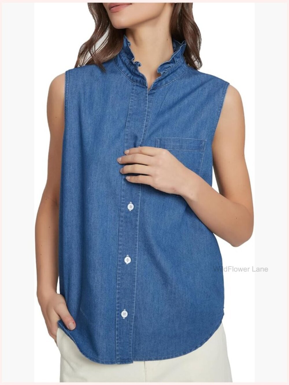 Ruffle Collar Sleeveless Button Down Denim Shirt Blouse Top